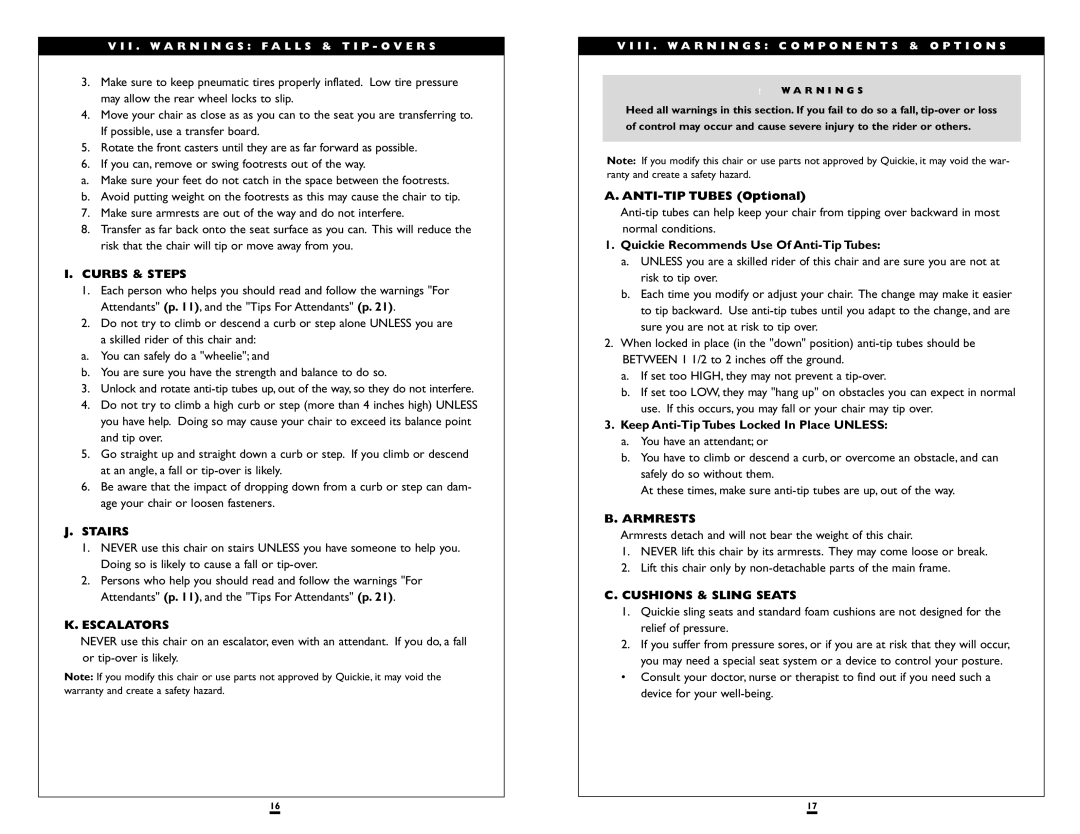 Sunrise Medical LXI instruction manual Curbs & Steps, Stairs, Escalators, Armrests, Cushions & Sling Seats 