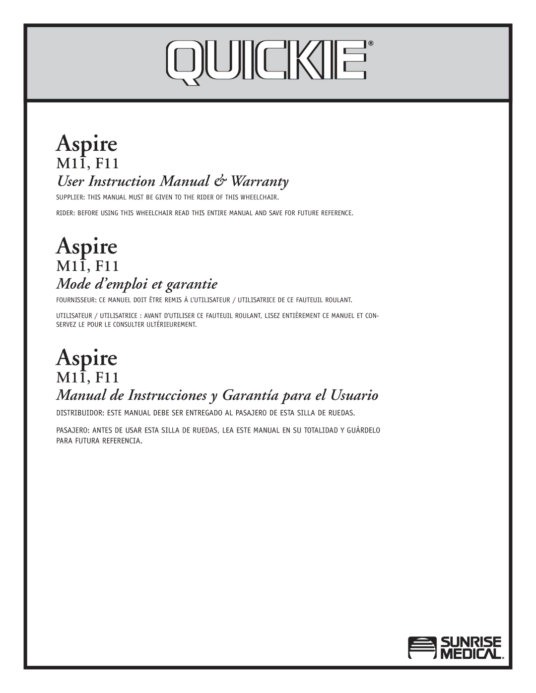 Sunrise Medical F11, M11 instruction manual Aspire 