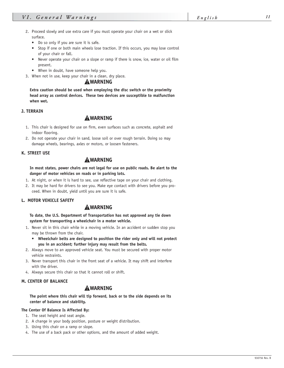 Sunrise Medical F11, M11 instruction manual Terrain, Street USE, Motor Vehicle Safety, Center of Balance 