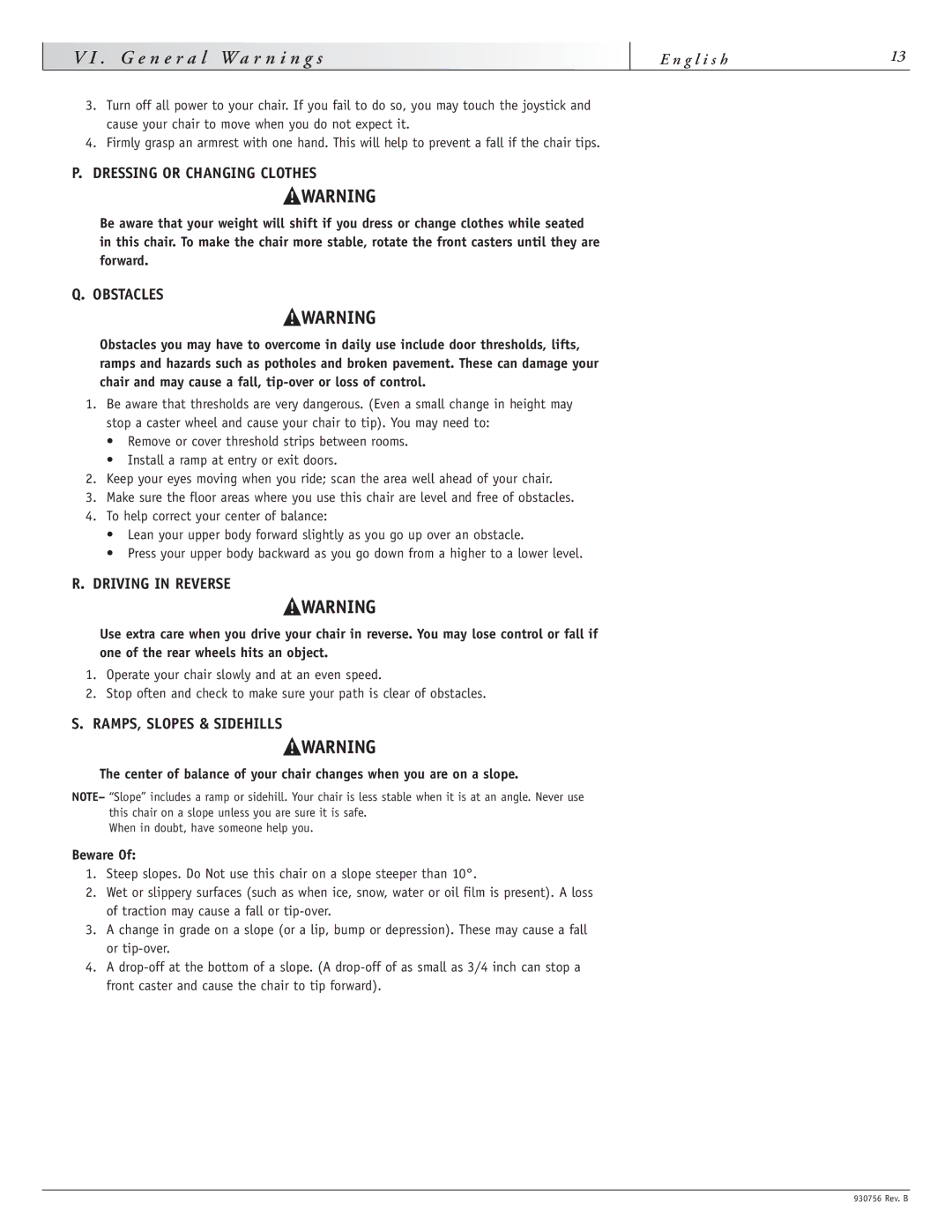 Sunrise Medical F11, M11 Dressing or Changing Clothes, Obstacles, Driving in Reverse, RAMPS, Slopes & Sidehills, Beware 