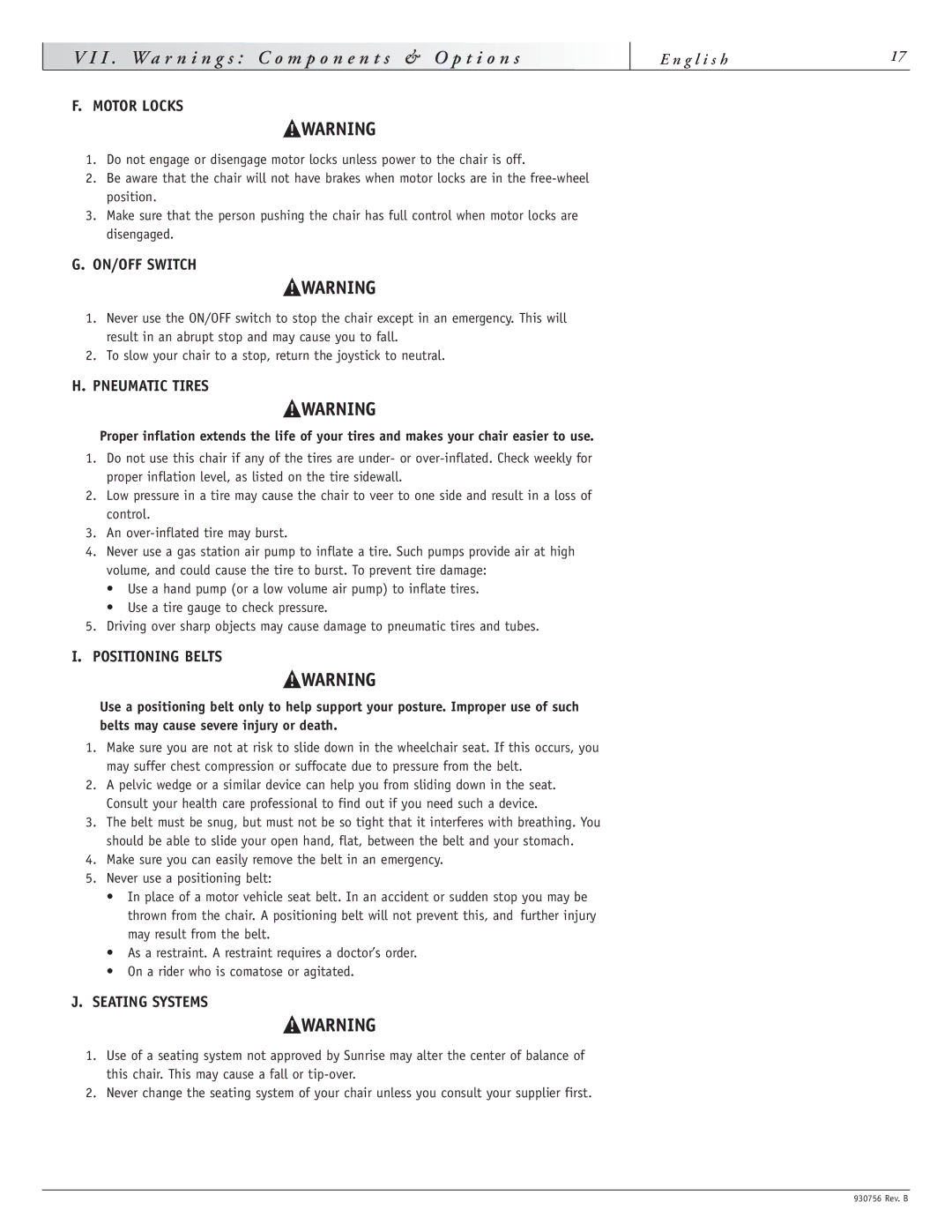 Sunrise Medical F11, M11 instruction manual Motor Locks, ON/OFF Switch, Pneumatic Tires, Positioning Belts, Seating Systems 