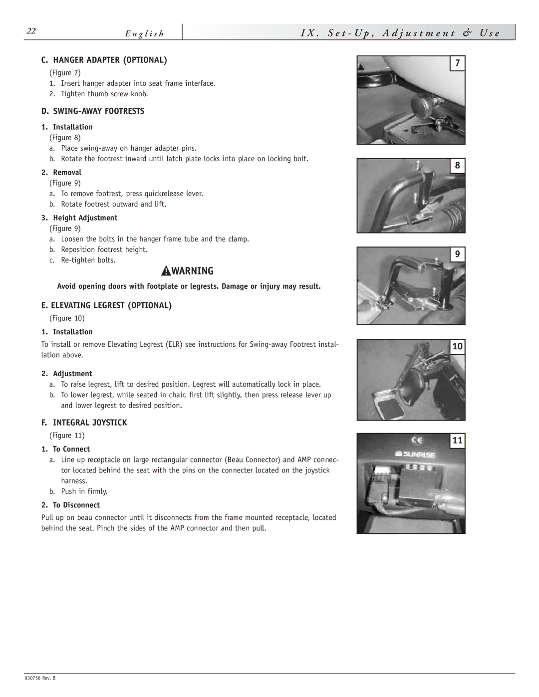 Sunrise Medical M11 T U p , a d j u s t m e n t & U s e, Hanger Adapter Optional, SWING-AWAY Footrests, Integral Joystick 