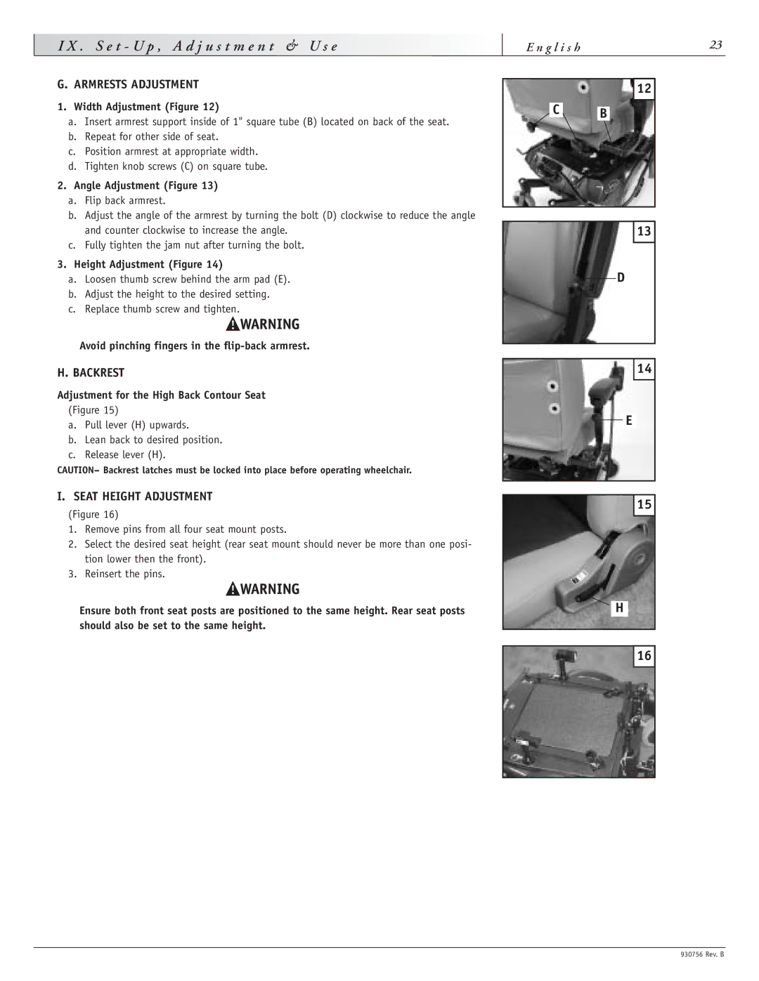 Sunrise Medical F11, M11 instruction manual Armrests Adjustment, Backrest, Seat Height Adjustment 