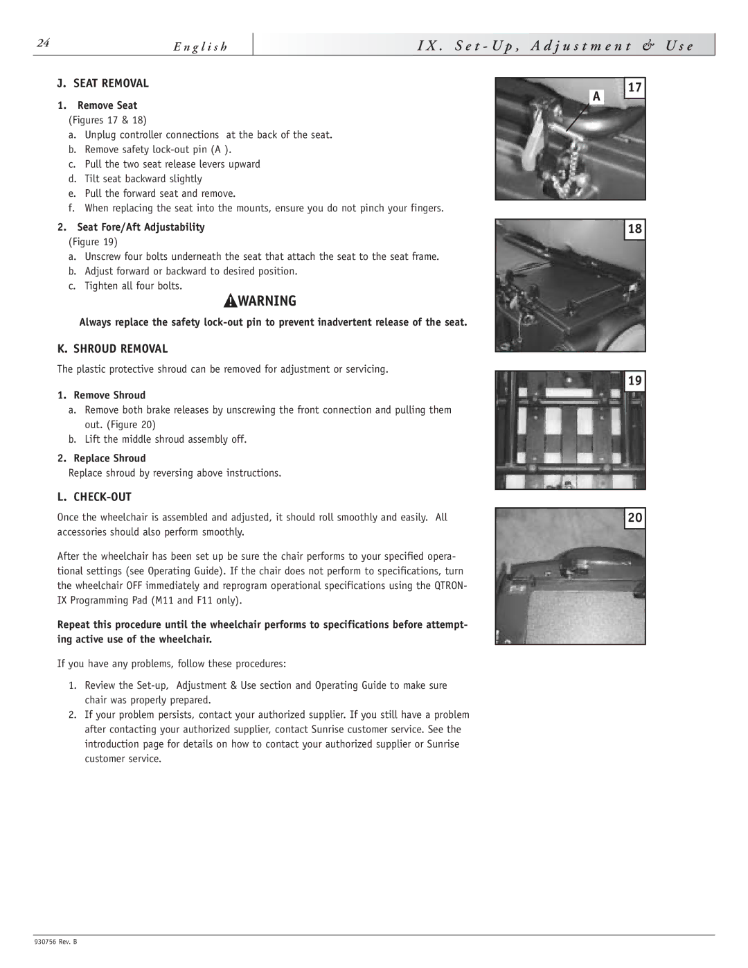 Sunrise Medical M11, F11 instruction manual Seat Removal, Shroud Removal 