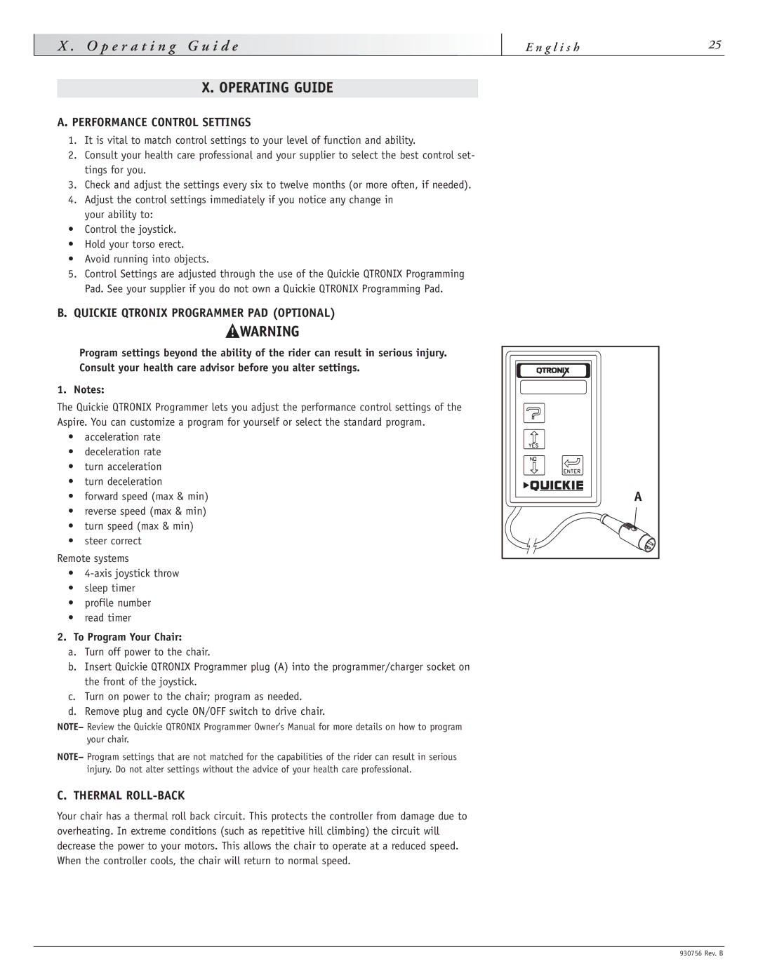 Sunrise Medical F11, M11 R a, Operating Guide, Performance Control Settings, Quickie Qtronix Programmer PAD Optional 