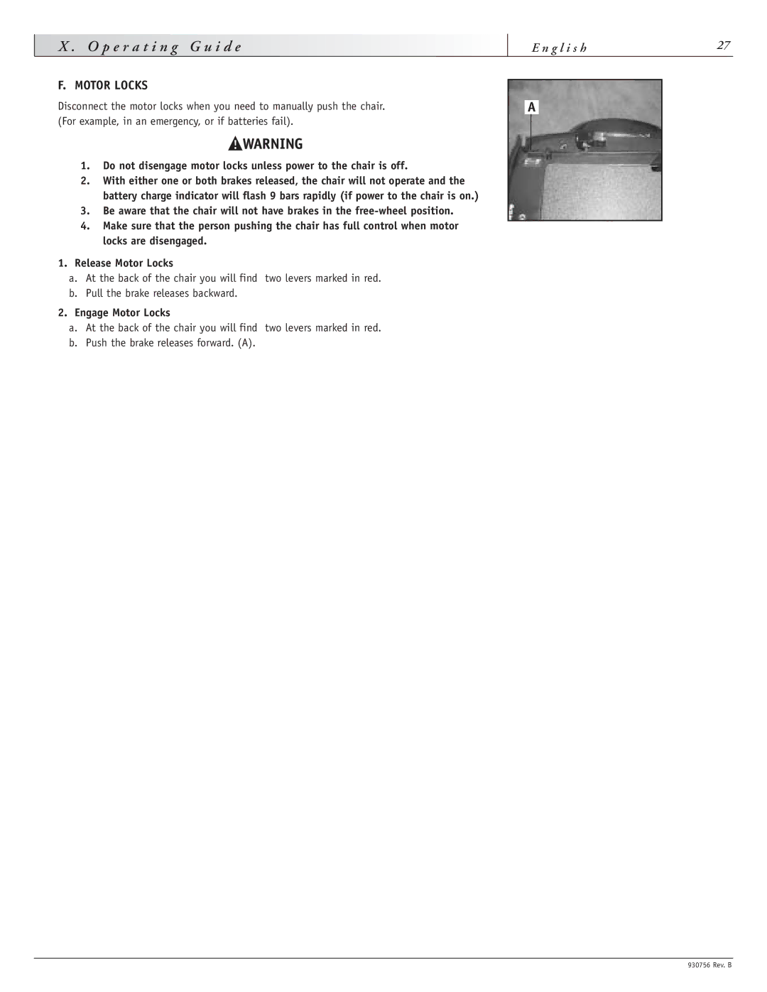 Sunrise Medical F11, M11 instruction manual Engage Motor Locks 