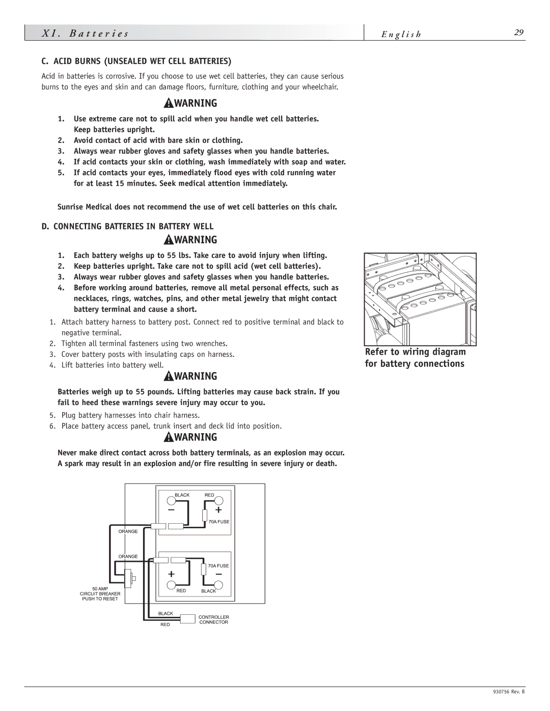 Sunrise Medical F11, M11 instruction manual Acid Burns Unsealed WET Cell Batteries, Connecting Batteries in Battery Well 