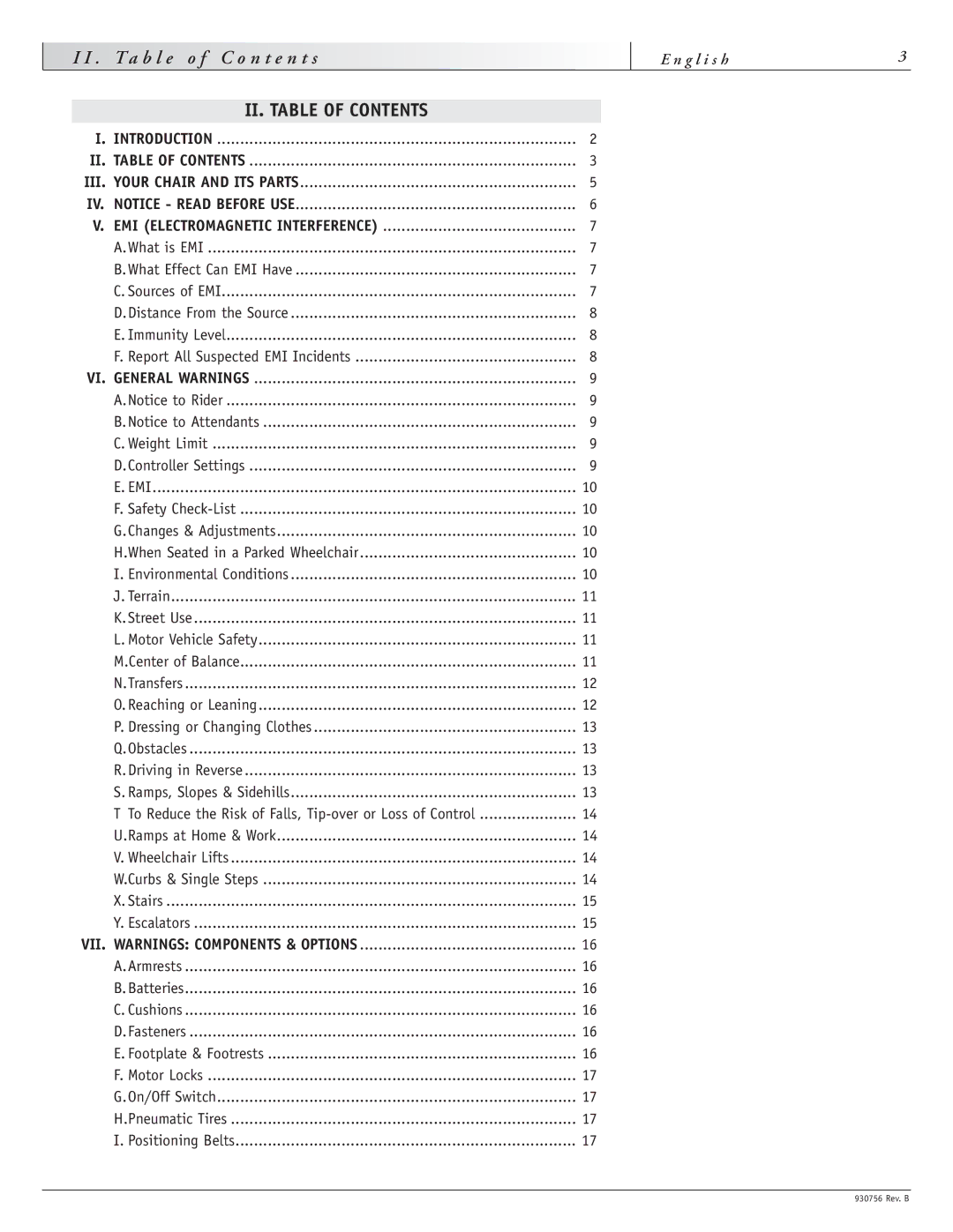 Sunrise Medical F11, M11 instruction manual N t s, II. Table of Contents 