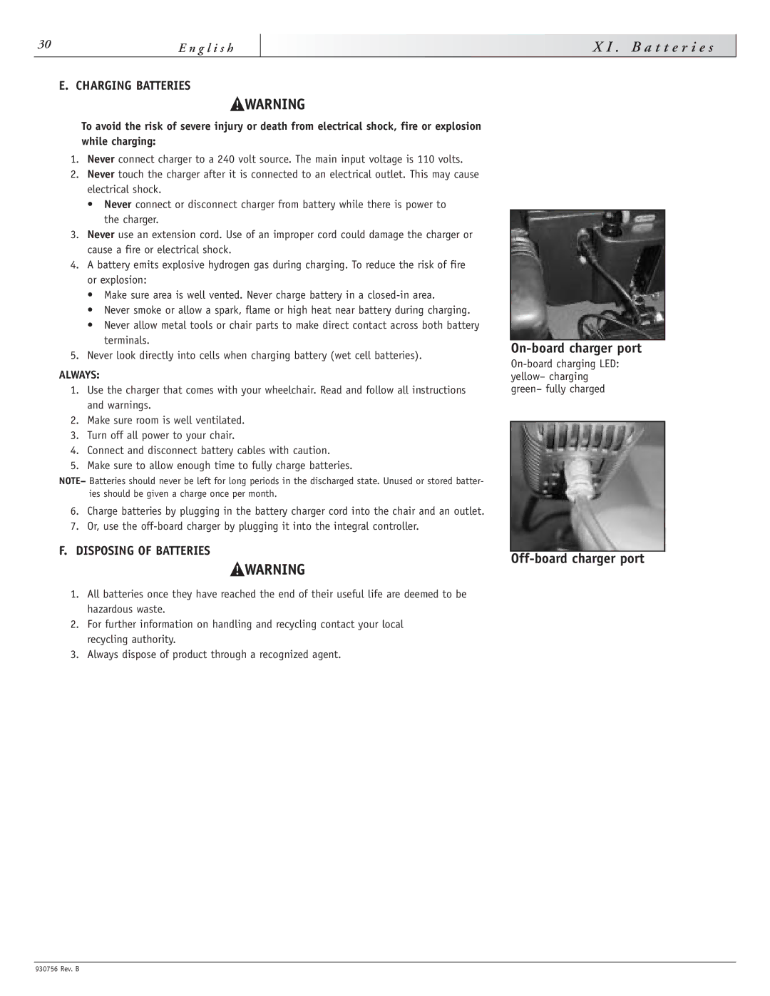 Sunrise Medical M11, F11 instruction manual Charging Batteries, Disposing of Batteries 