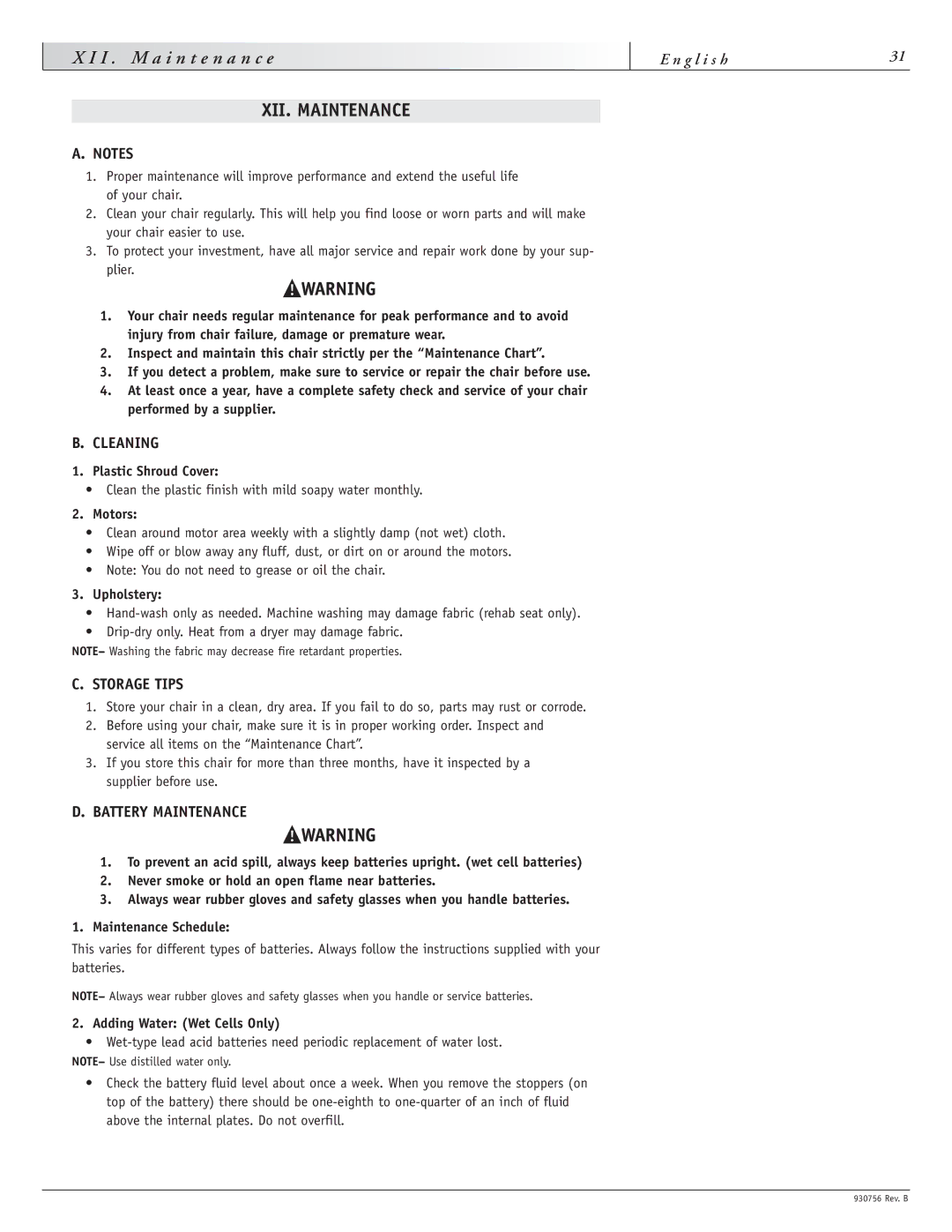 Sunrise Medical F11, M11 instruction manual XII. Maintenance, Cleaning, Storage Tips, Battery Maintenance 