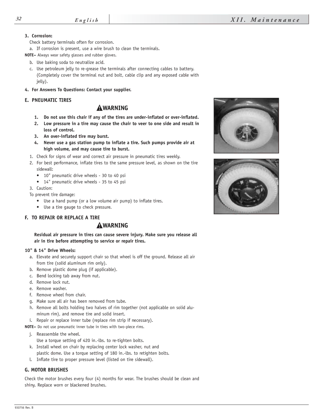 Sunrise Medical M11, F11 instruction manual I . M a i n t e n a n c e, To Repair or Replace a Tire, Motor Brushes, Corrosion 