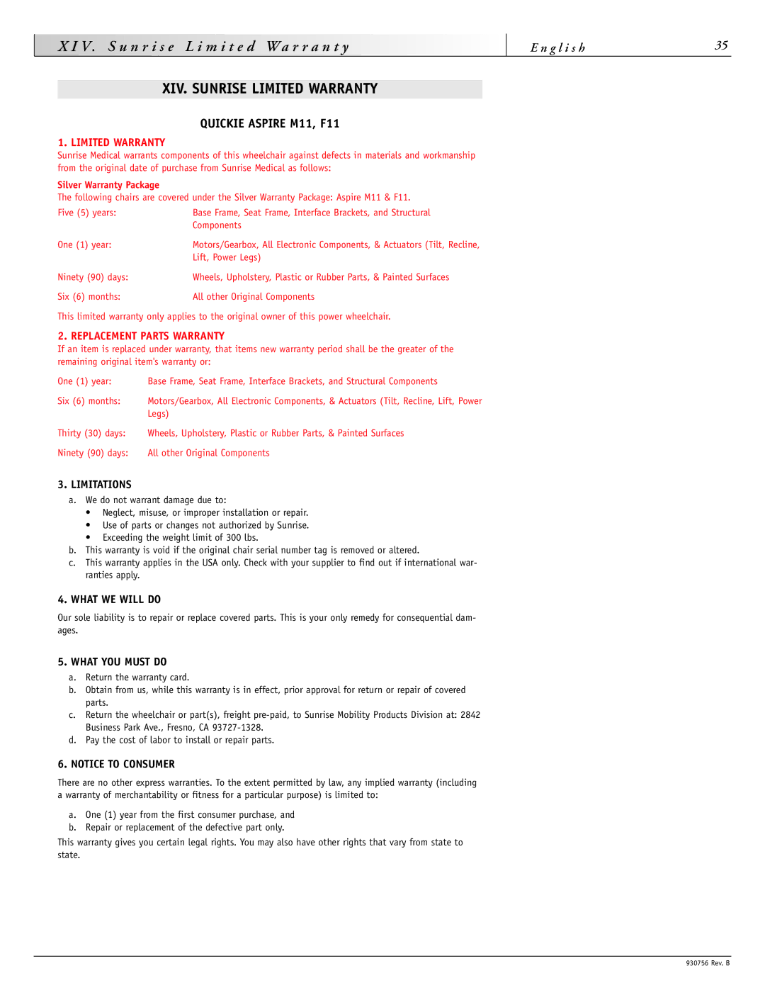 Sunrise Medical instruction manual XIV. Sunrise Limited Warranty, Quickie Aspire M11, F11 