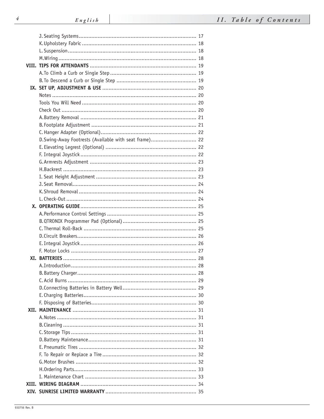 Sunrise Medical M11, F11 instruction manual T a b l e o f C o n t e n t s, IX. SET UP, Adjustment & USE 