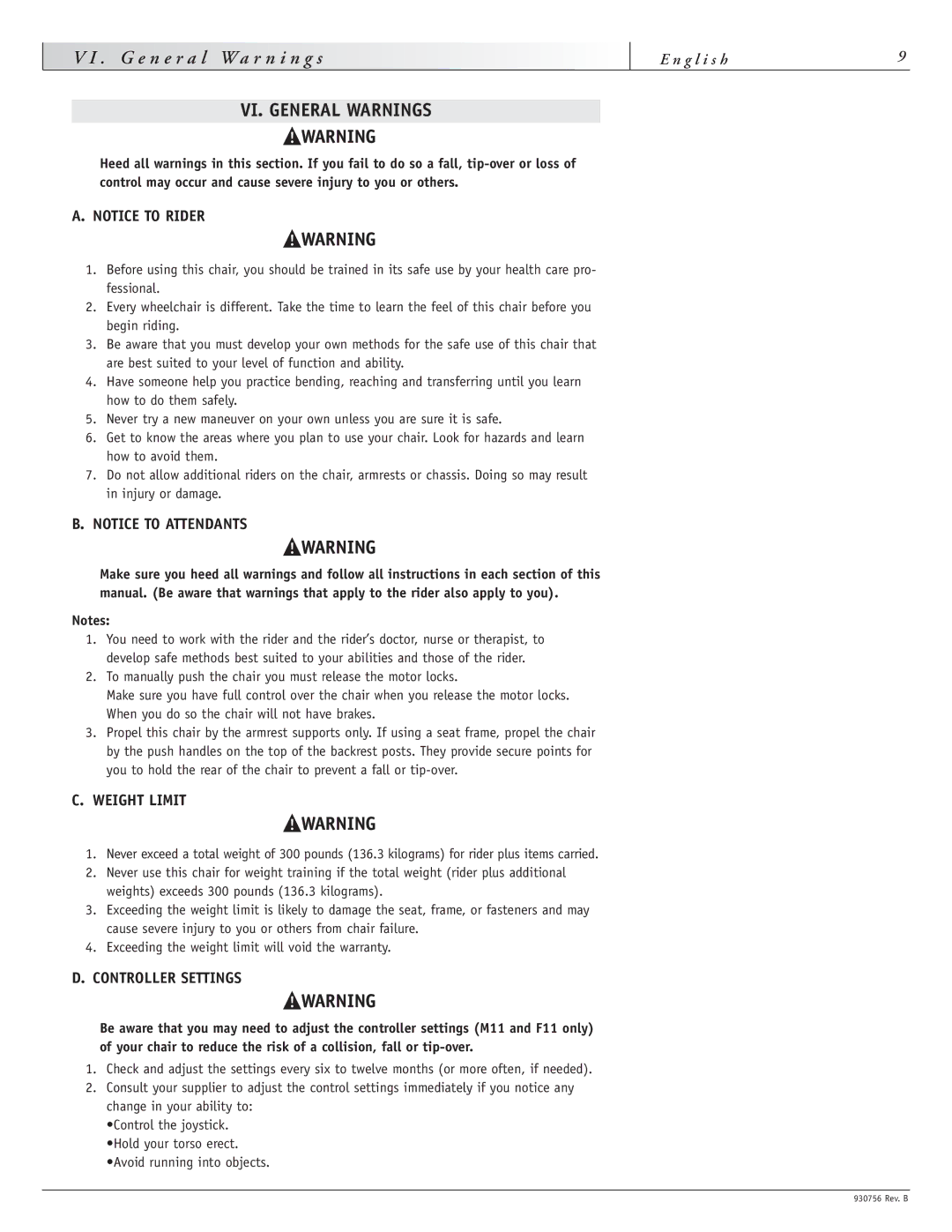 Sunrise Medical F11, M11 instruction manual Weight Limit, Controller Settings 