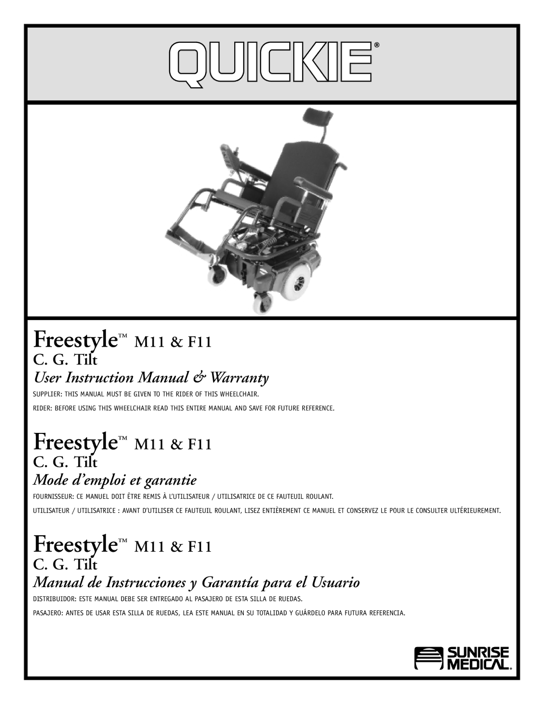 Sunrise Medical instruction manual Freestyle M11 & F11 