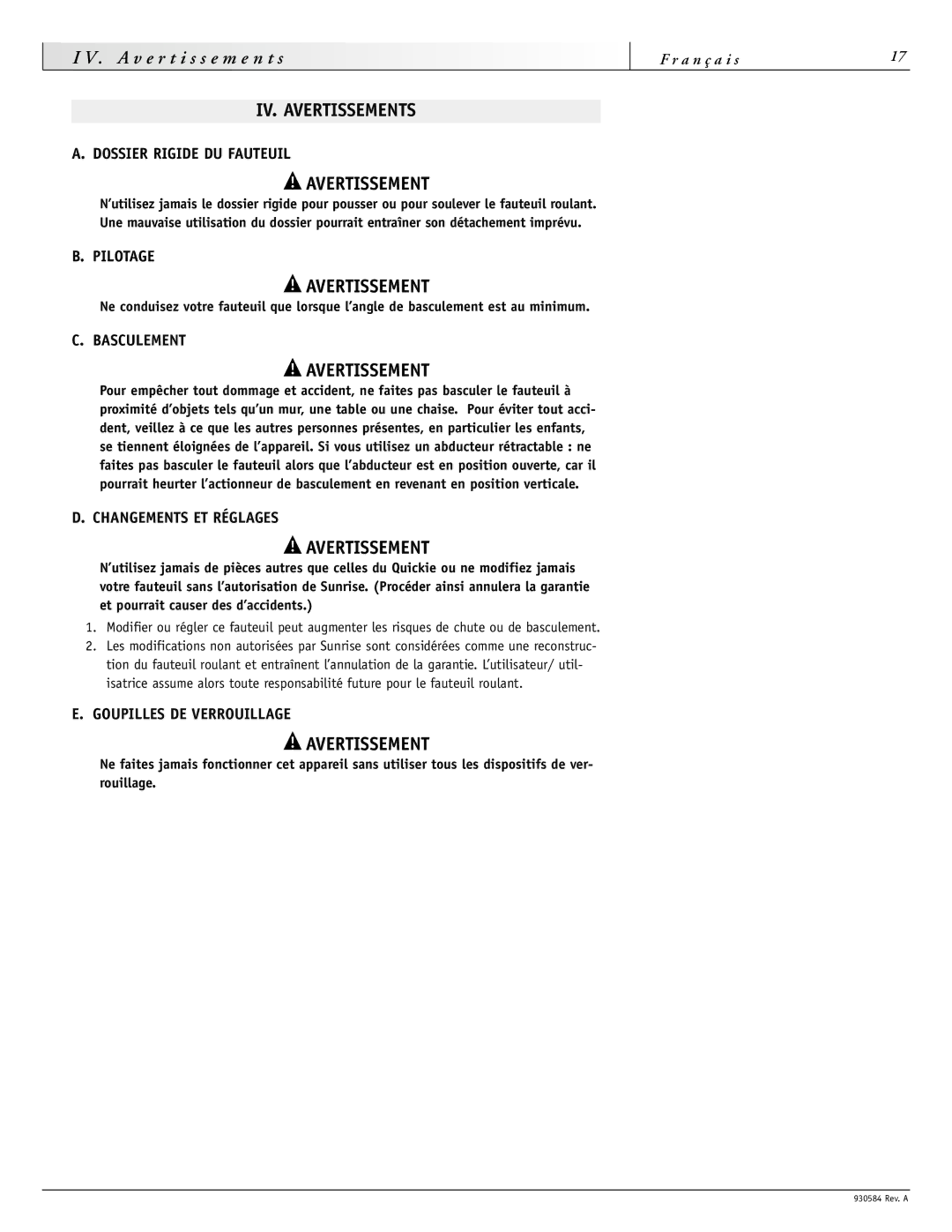 Sunrise Medical F11, M11 instruction manual IV. Avertissements 