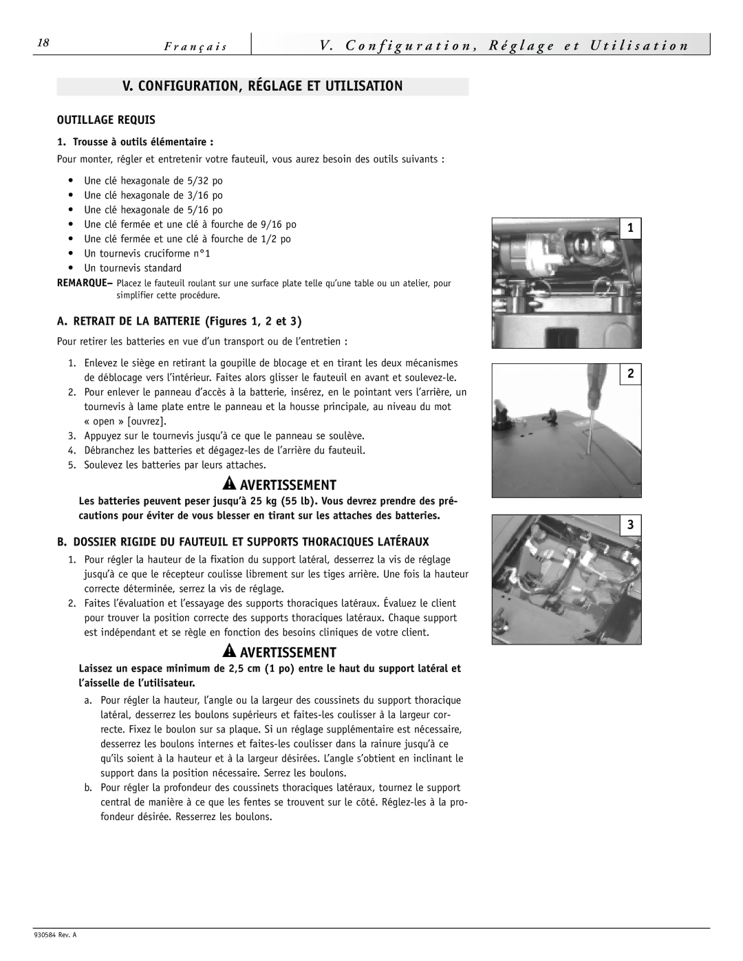 Sunrise Medical M11, F11 CONFIGURATION, Réglage ET Utilisation, Outillage Requis, Retrait DE LA Batterie Figures 1, 2 et 