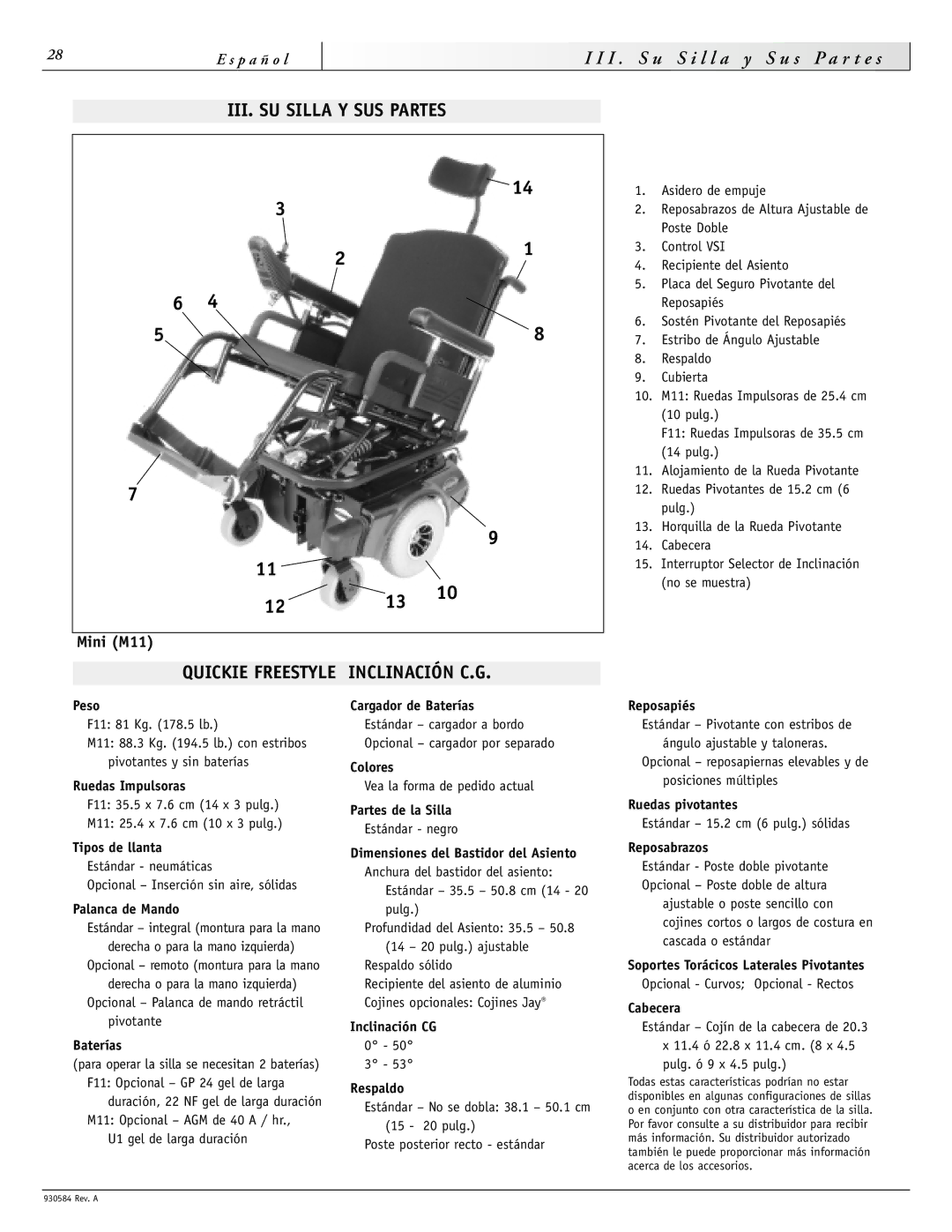 Sunrise Medical M11, F11 instruction manual III. SU Silla Y SUS Partes, Quickie Freestyle Inclinación C.G 