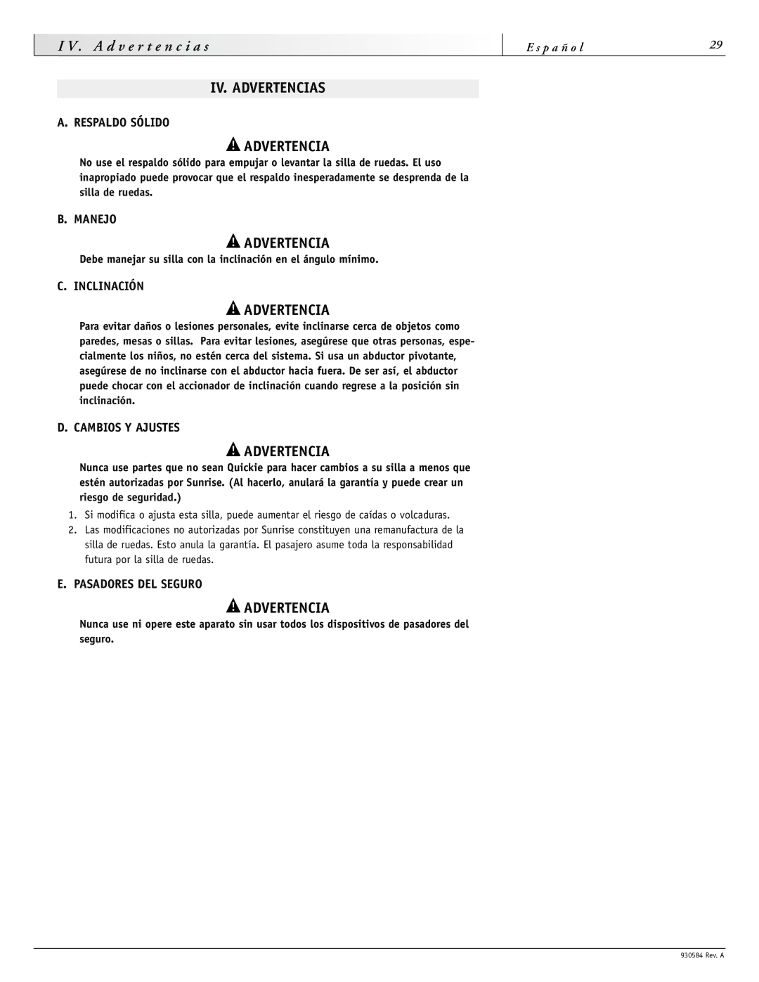 Sunrise Medical F11, M11 instruction manual IV. Advertencias 