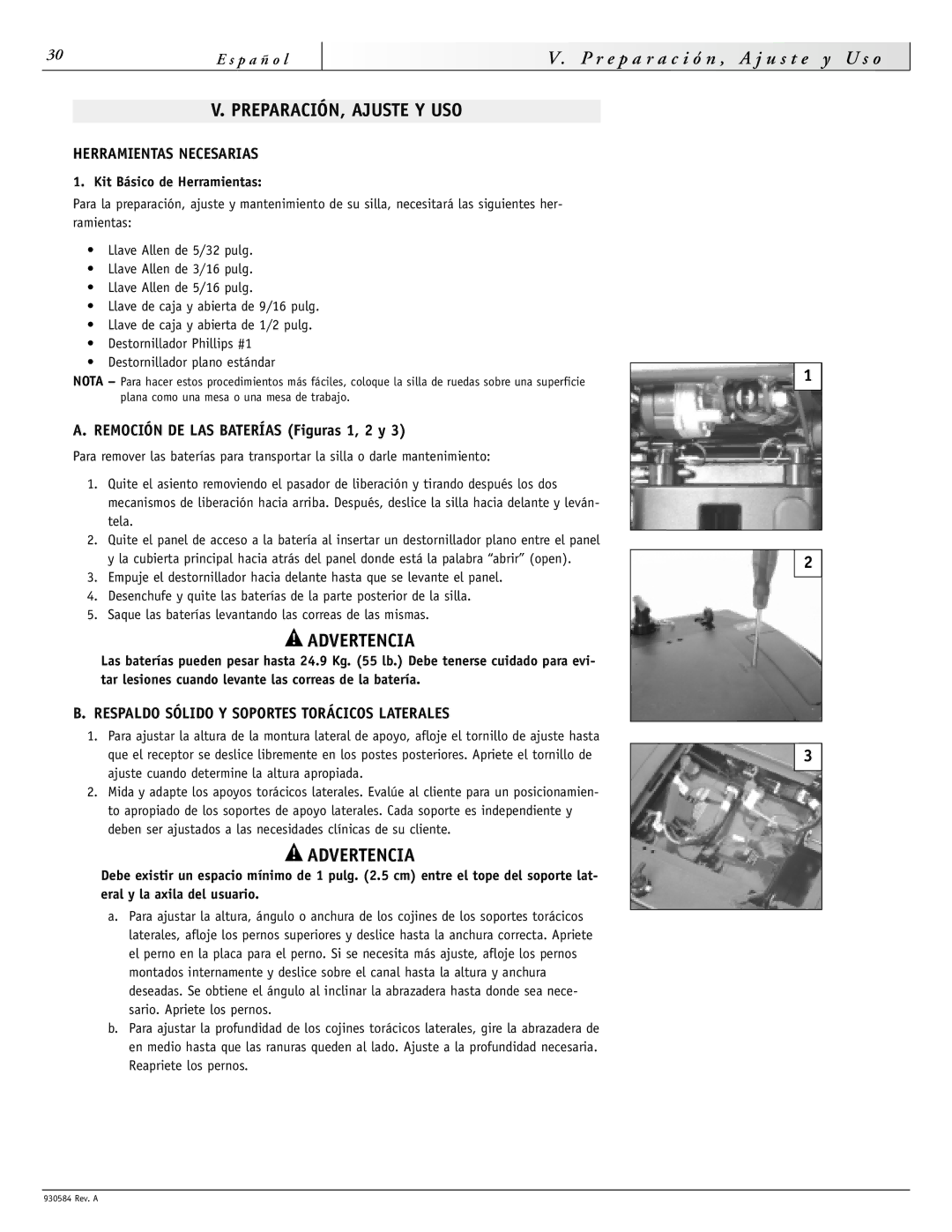 Sunrise Medical M11, F11 PREPARACIÓN, Ajuste Y USO, Herramientas Necesarias, Remoción DE LAS Baterías Figuras 1, 2 y 