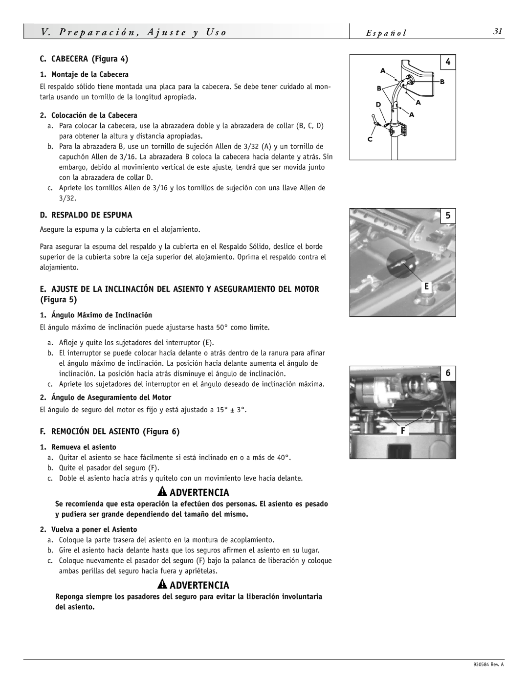 Sunrise Medical F11, M11 instruction manual Cabecera Figura, Respaldo DE Espuma, Remoción DEL Asiento Figura 