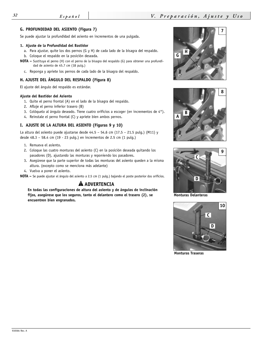 Sunrise Medical M11 Profundidad DEL Asiento Figura, Ajuste DEL Ángulo DEL Respaldo Figura, Ajuste del Bastidor del Asiento 