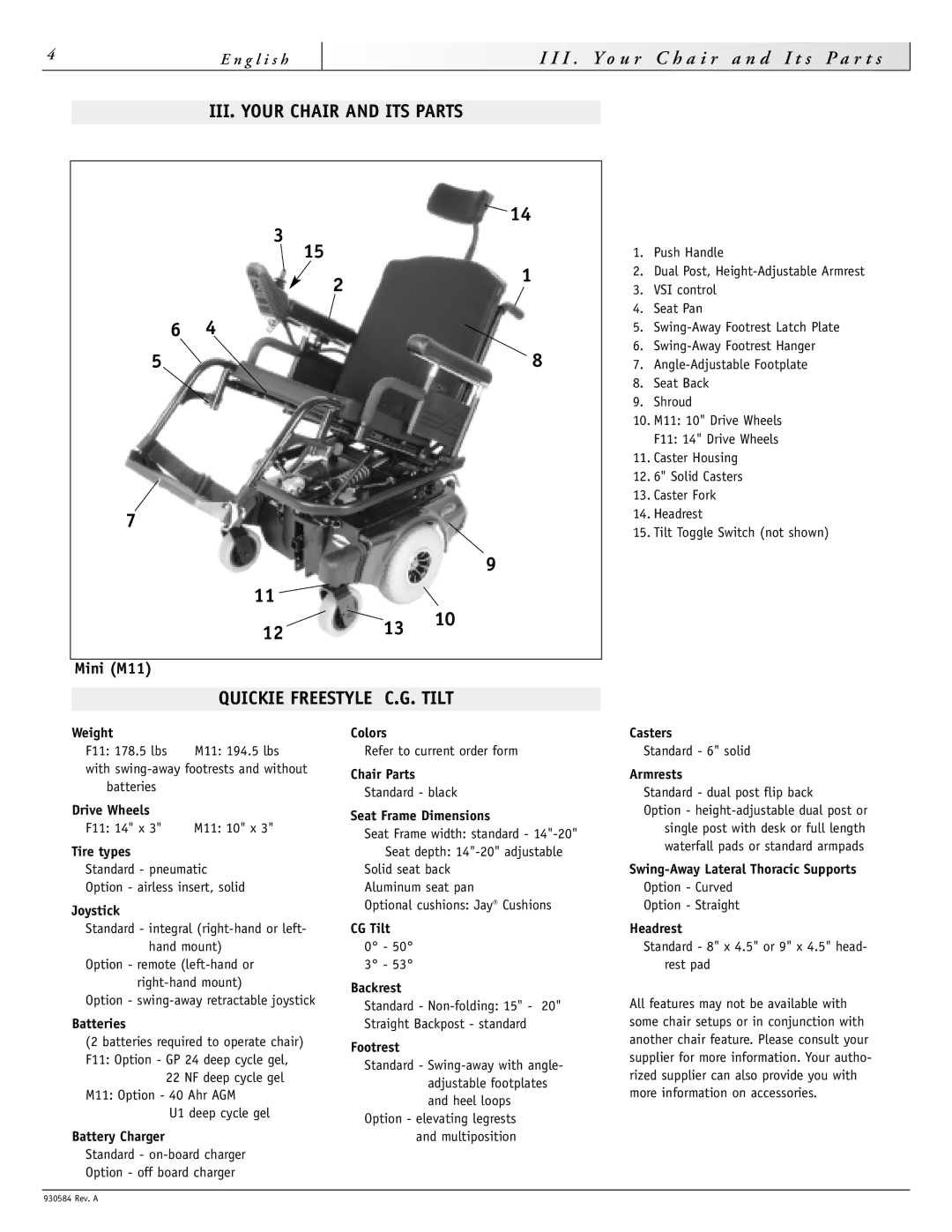 Sunrise Medical F11 instruction manual III. Your Chair and ITS Parts, Tilt, Mini M11, Quickie Freestyle 