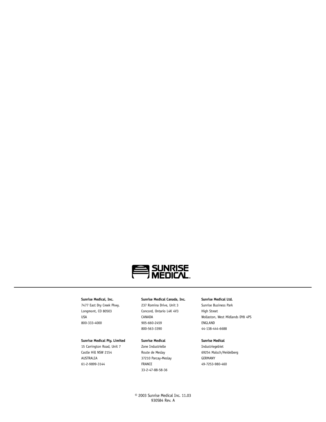 Sunrise Medical M11, F11 instruction manual Sunrise Medical Inc 930584 Rev. a 