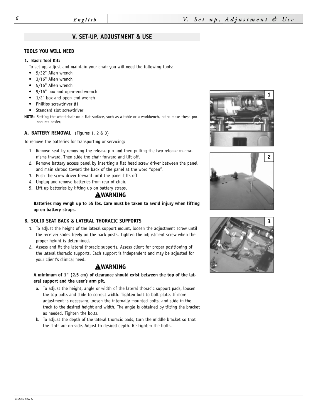 Sunrise Medical M11, F11 SET-UP, Adjustment & USE, Tools YOU will Need, Battery Removal Figures 1, 2, Basic Tool Kit 