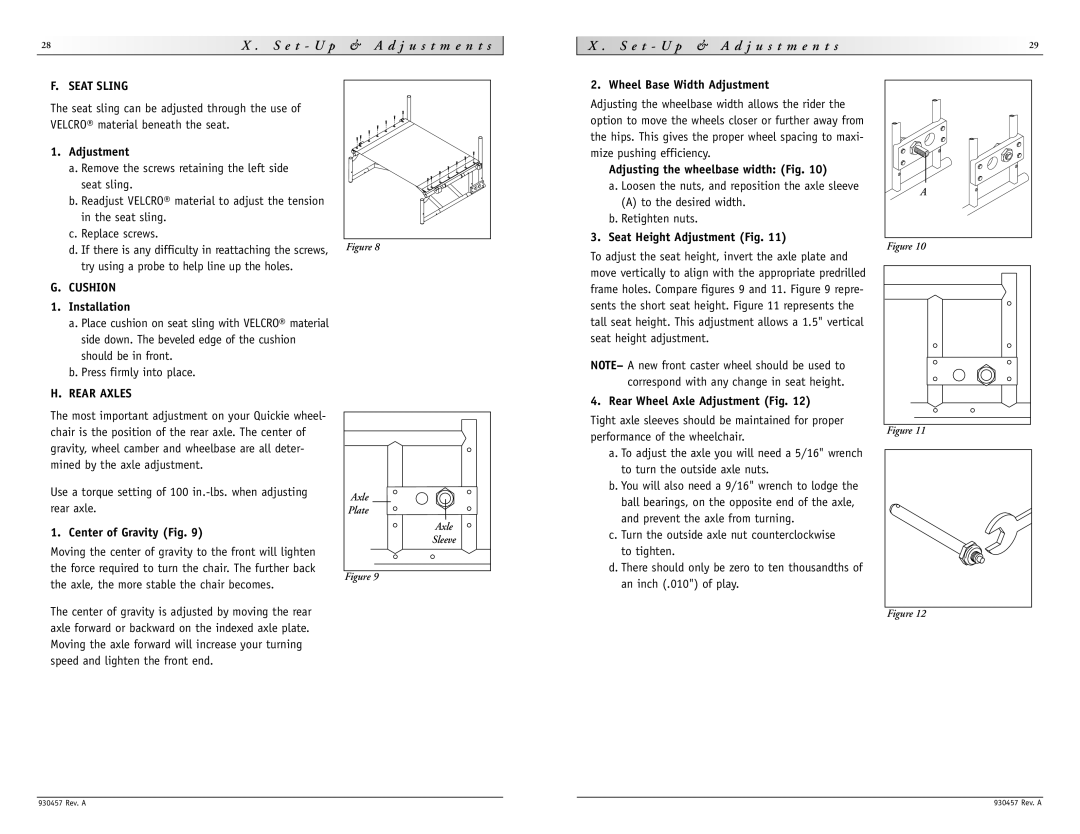 Sunrise Medical M6 instruction manual Seat Sling, Cushion, Rear Axles 