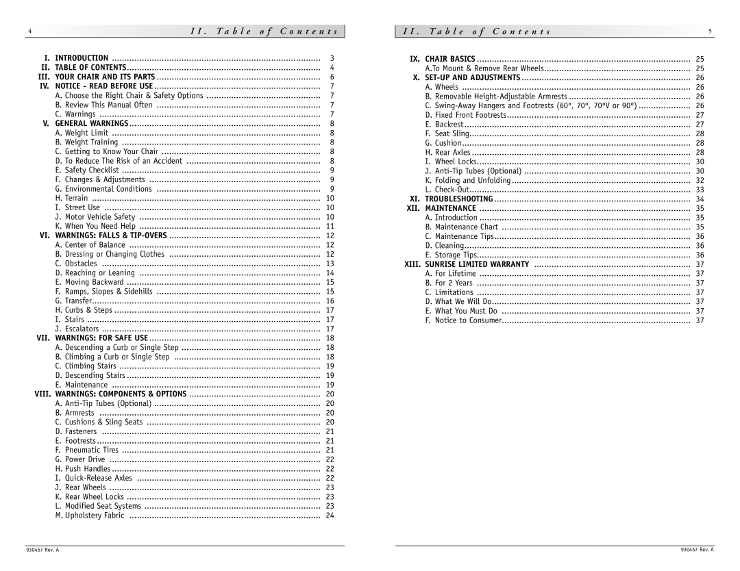 Sunrise Medical M6 instruction manual T a b l e o f C o n t e n t s, General Warnings 