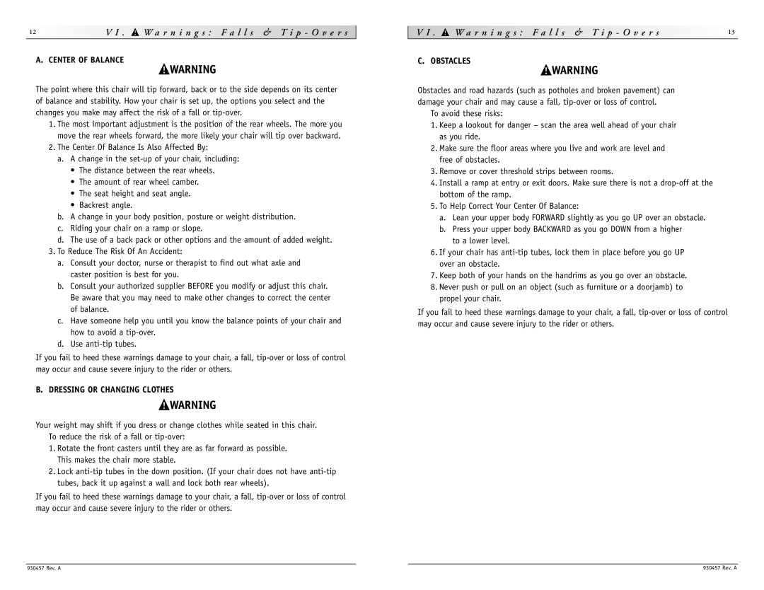 Sunrise Medical M6 instruction manual Dressing or Changing Clothes, Obstacles 