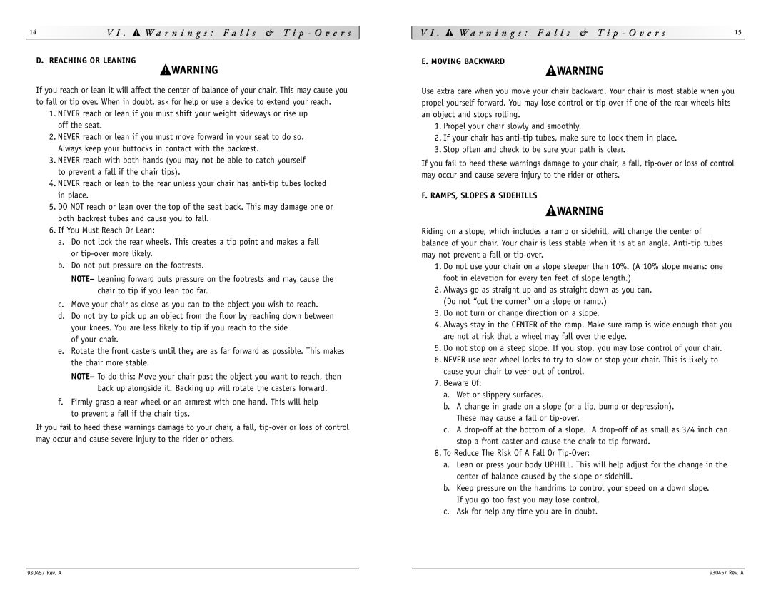 Sunrise Medical M6 instruction manual Moving Backward, RAMPS, Slopes & Sidehills 