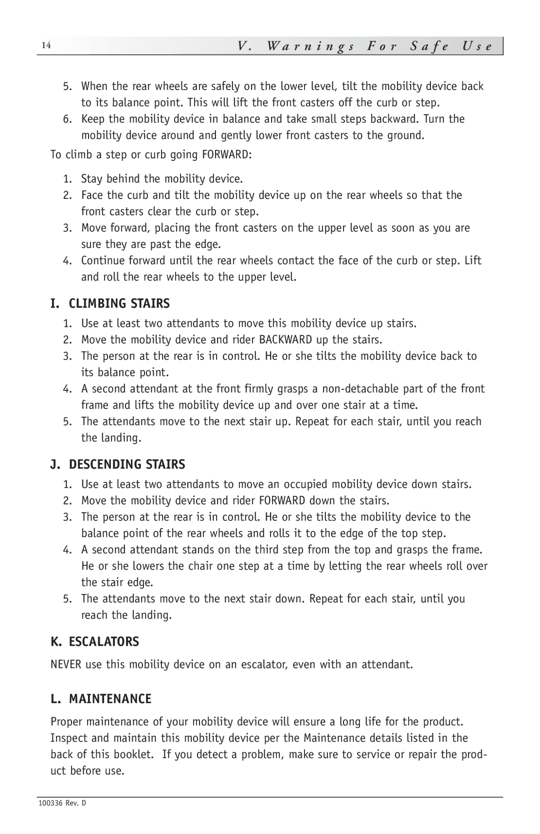 Sunrise Medical Mighty Lite instruction manual Climbing Stairs, Descending Stairs, Escalators, Maintenance 