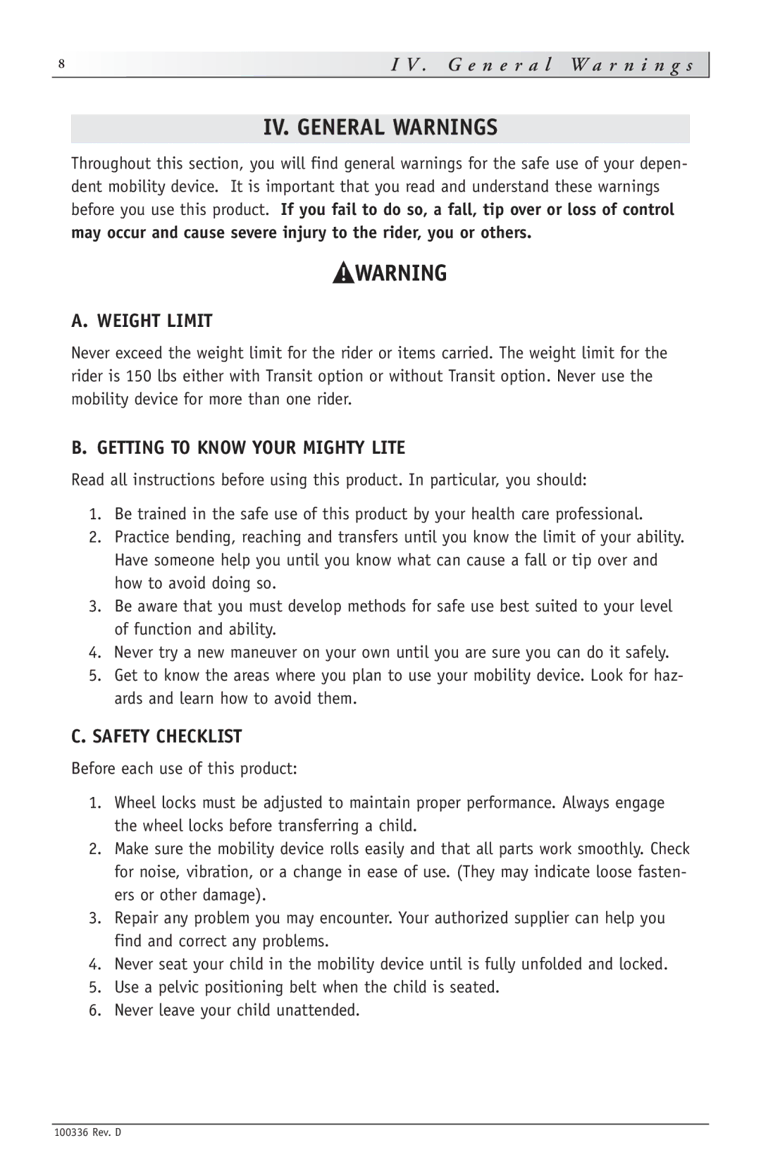 Sunrise Medical IV. General Warnings, Weight Limit, Getting to Know Your Mighty Lite, Safety Checklist 