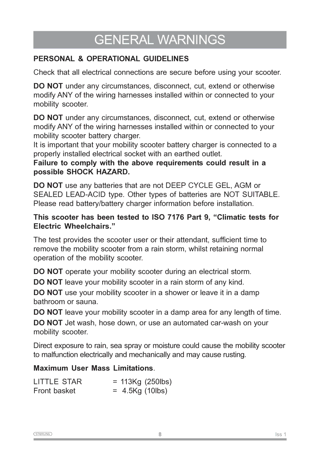 Sunrise Medical Mobility Scooter owner manual Maximum User Mass Limitations 