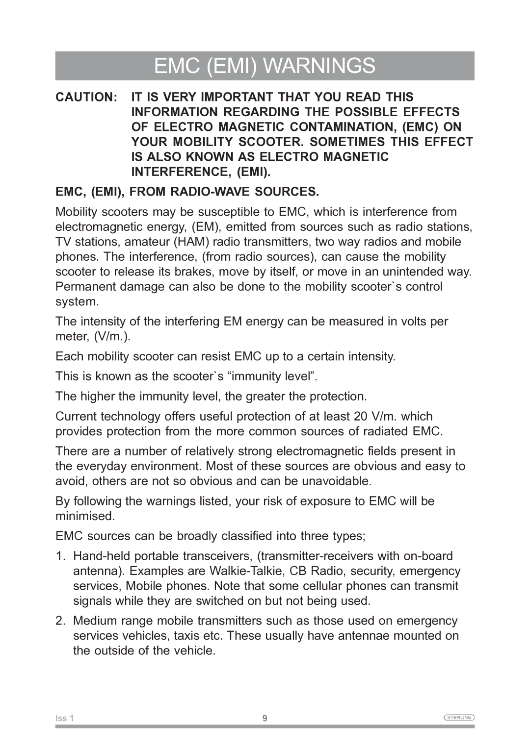 Sunrise Medical Mobility Scooter owner manual EMC EMI Warnings 