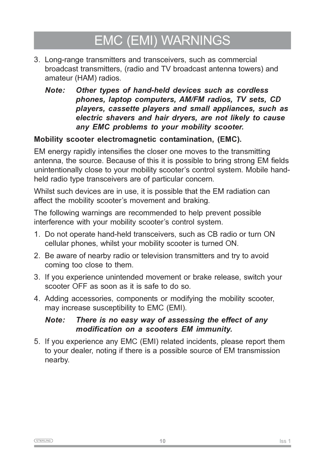 Sunrise Medical Mobility Scooter owner manual Mobility scooter electromagnetic contamination, EMC 