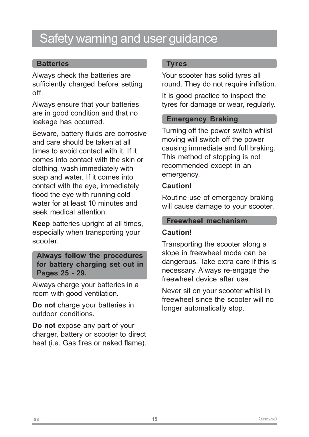 Sunrise Medical Mobility Scooter owner manual Emergency Braking, Freewheel mechanism 