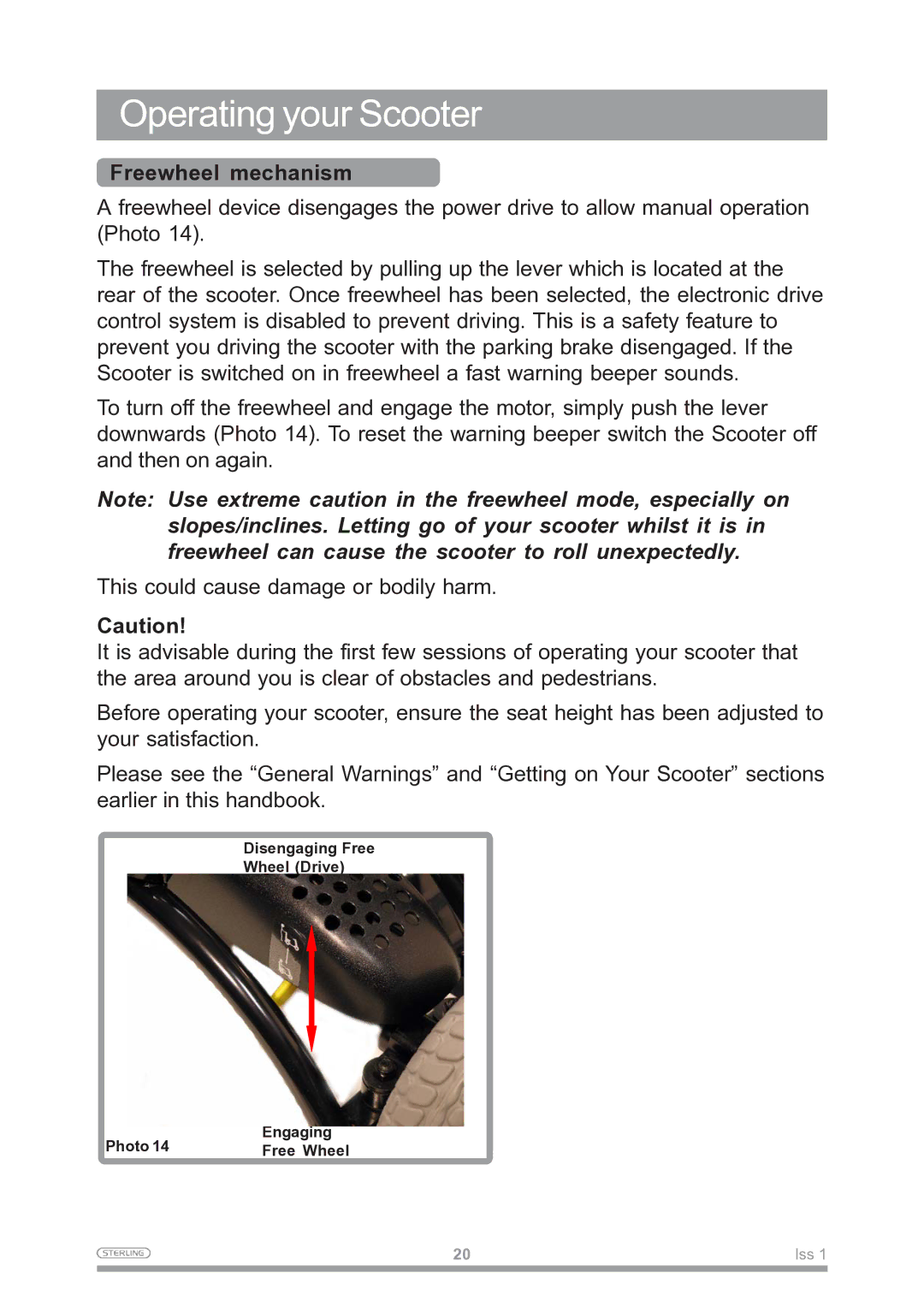 Sunrise Medical Mobility Scooter owner manual Operating your Scooter, Freewheel mechanism 