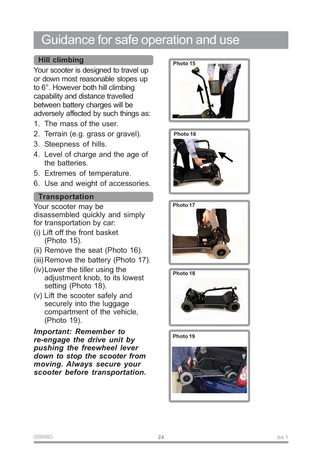 Sunrise Medical Mobility Scooter owner manual Hill climbing, Transportation 