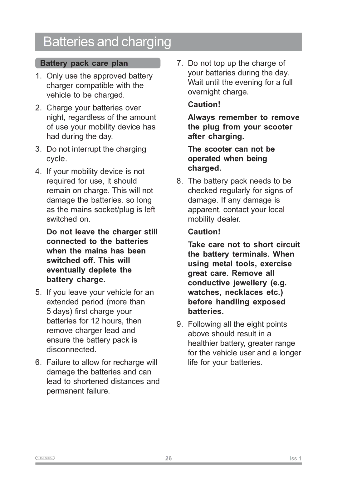 Sunrise Medical Mobility Scooter owner manual Battery pack care plan 