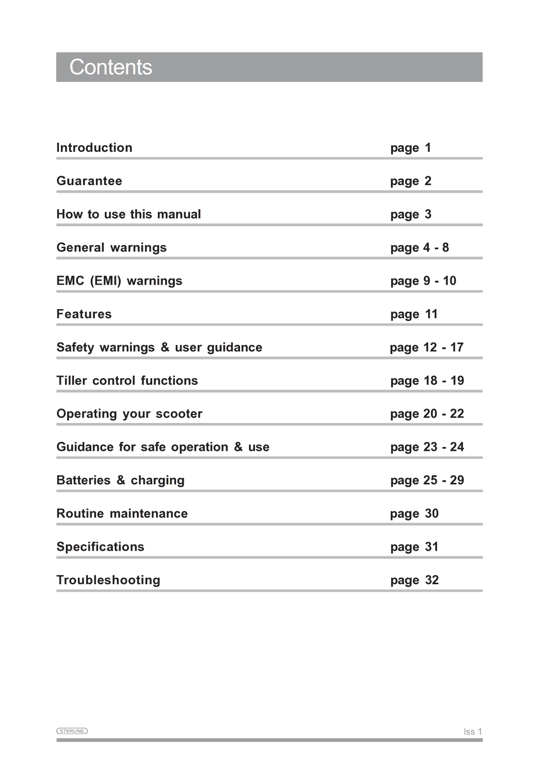 Sunrise Medical Mobility Scooter owner manual Contents 