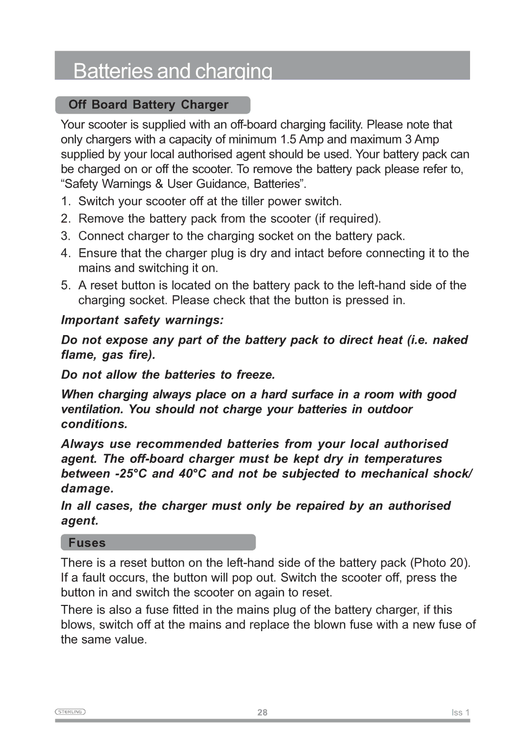 Sunrise Medical Mobility Scooter owner manual Off Board Battery Charger, Fuses 