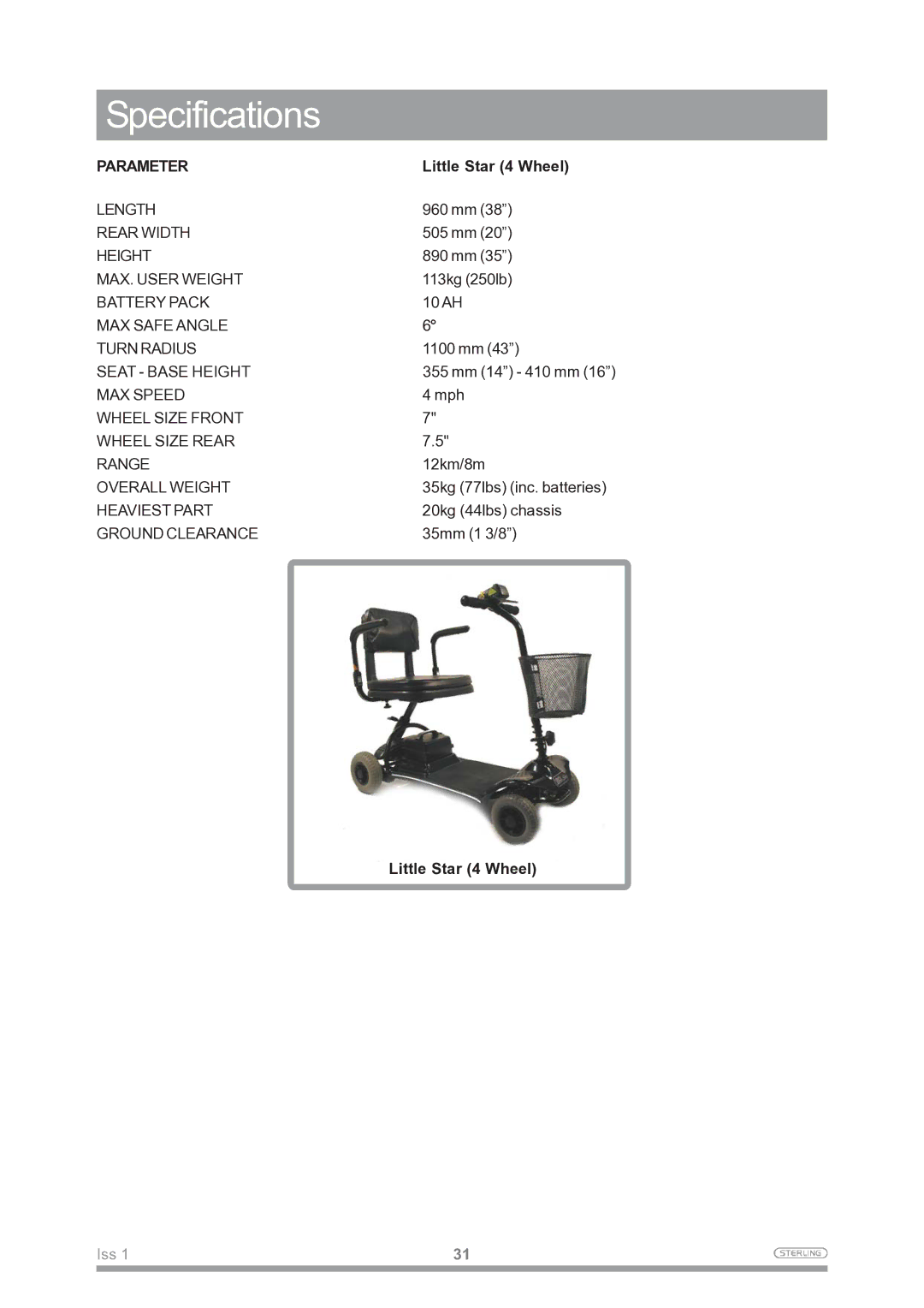 Sunrise Medical Mobility Scooter owner manual Specifications, Parameter 