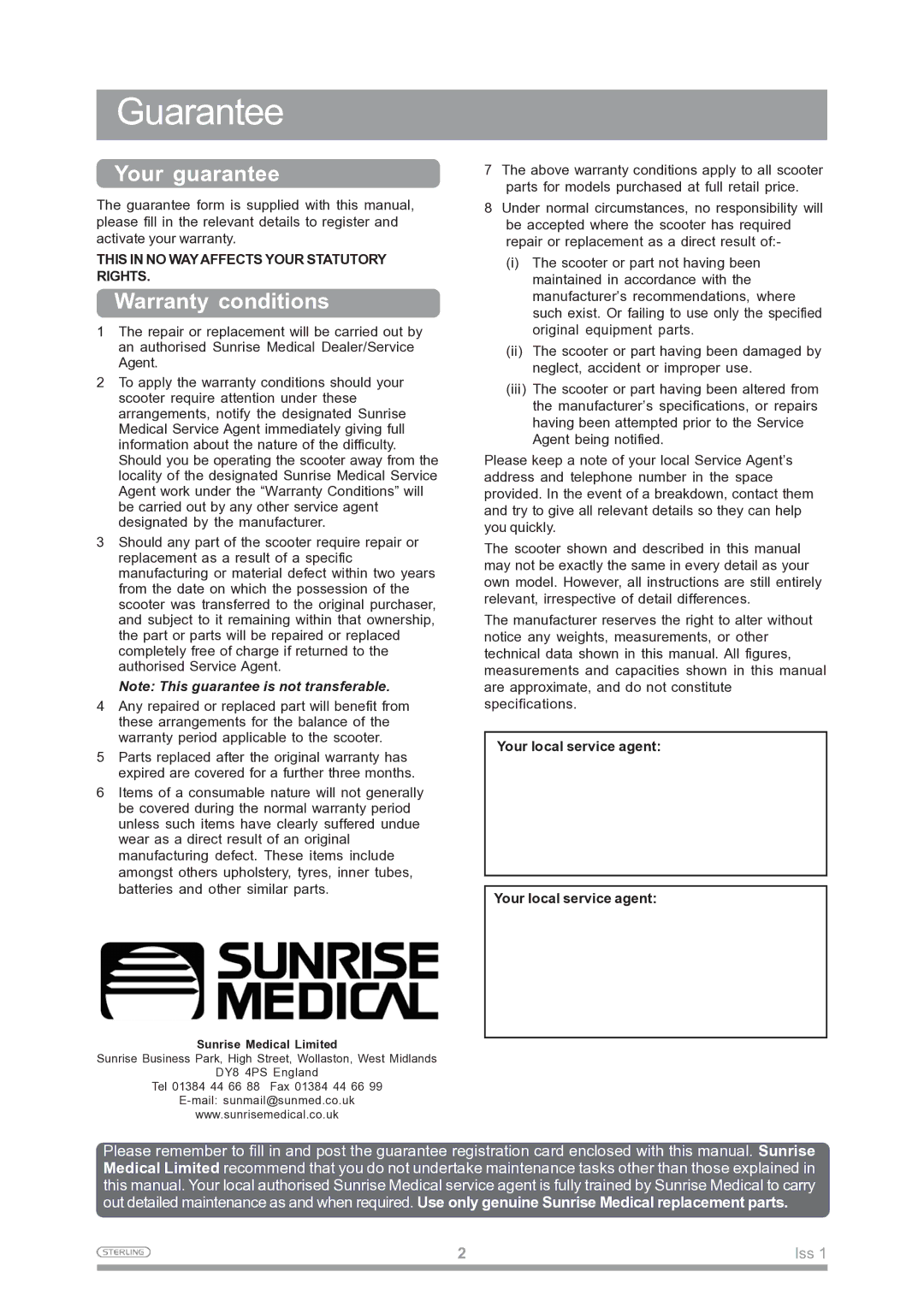 Sunrise Medical Mobility Scooter owner manual Guarantee, Your guarantee 