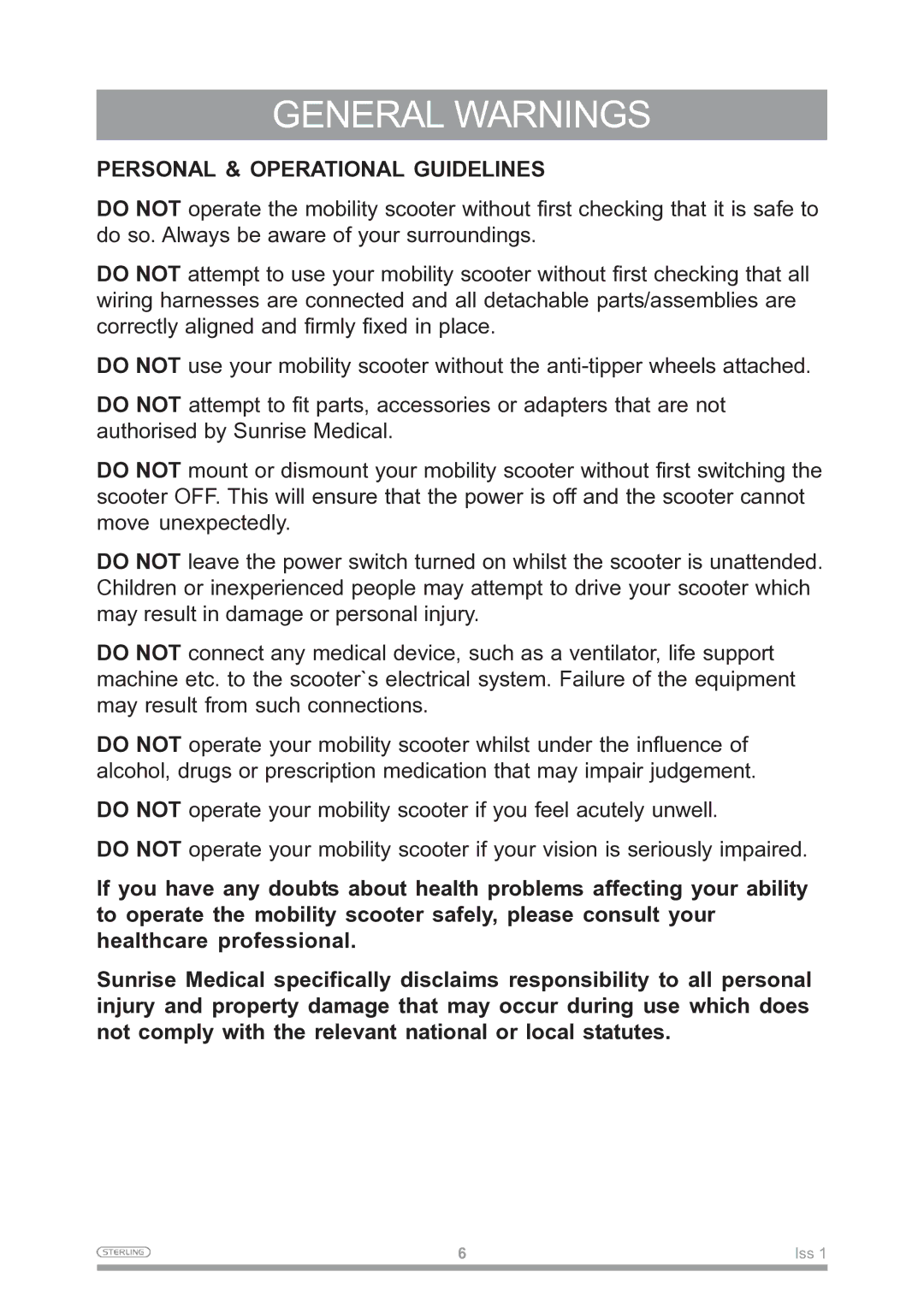 Sunrise Medical Mobility Scooter owner manual General Warnings 