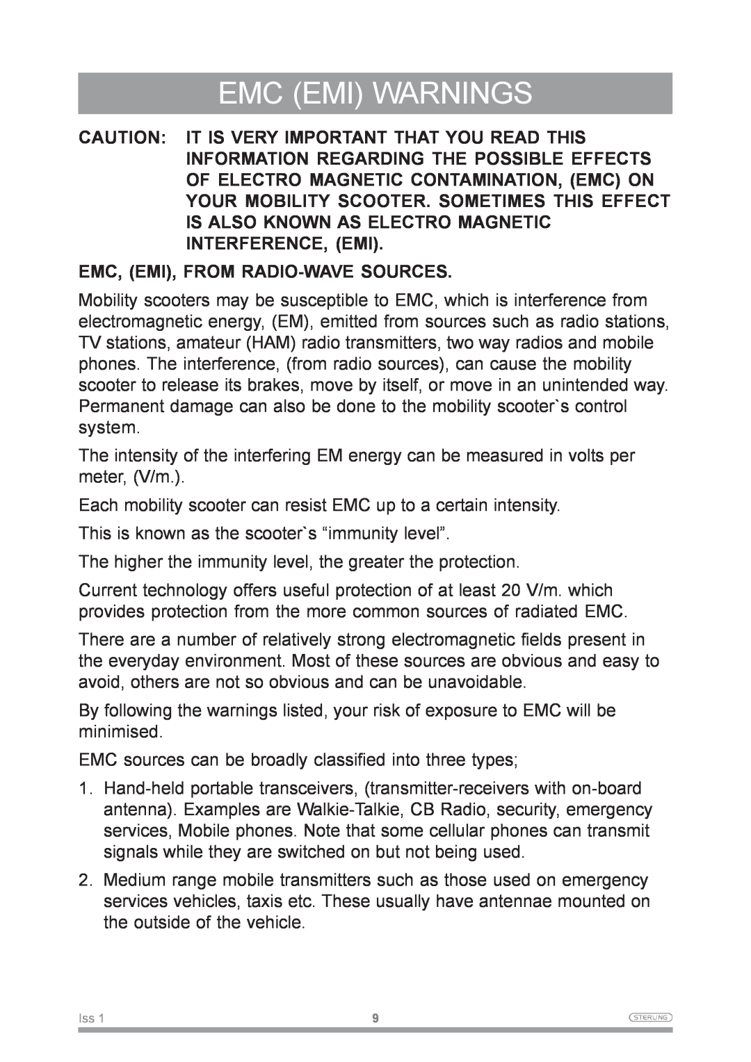 Sunrise Medical Mobility Scooter owner manual Emc Emi Warnings, Emc, Emi, From Radio-Wave Sources 