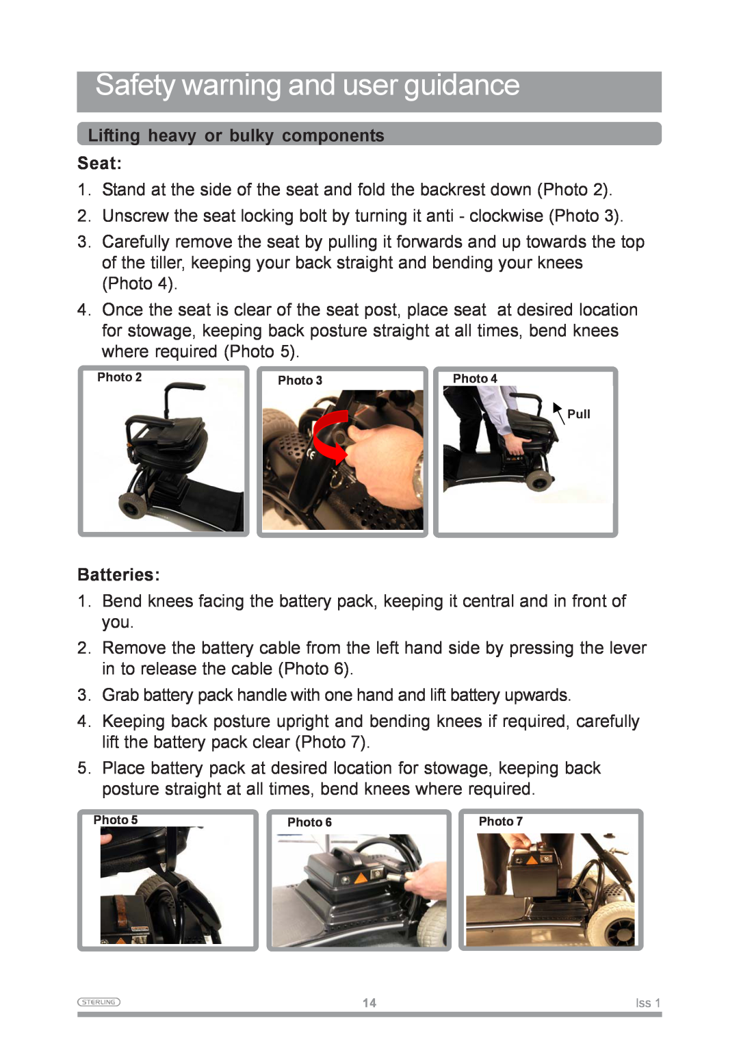 Sunrise Medical Mobility Scooter Lifting heavy or bulky components Seat, Batteries, Safety warning and user guidance 