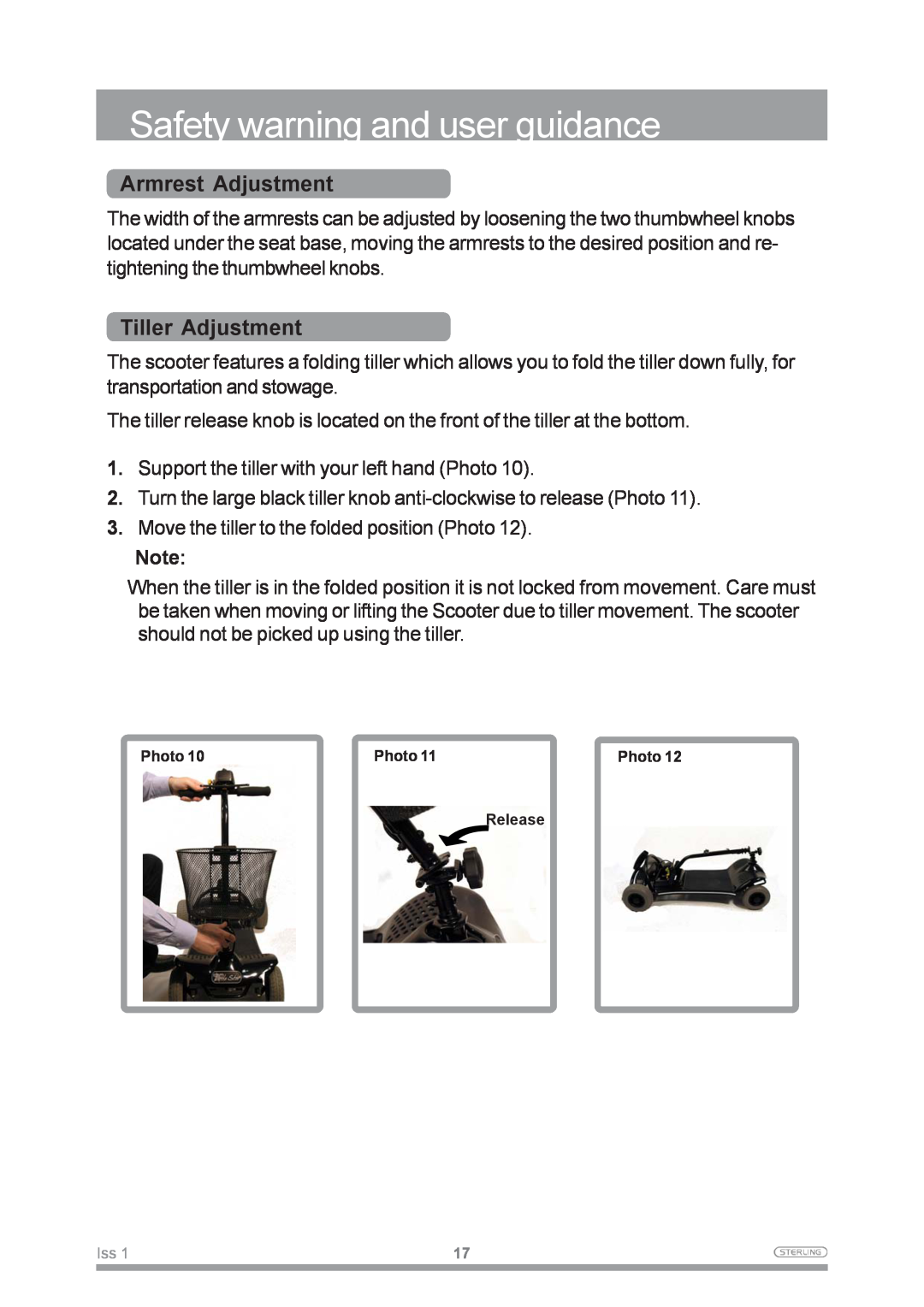 Sunrise Medical Mobility Scooter owner manual Armrest Adjustment, Tiller Adjustment, Safety warning and user guidance 